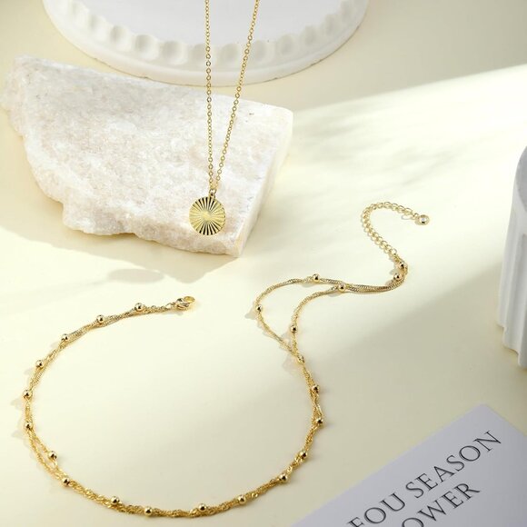 Elegant 14K Gold Layered Necklace for Women - Pearl Disc and Heart Charms - Picture 4 of 7